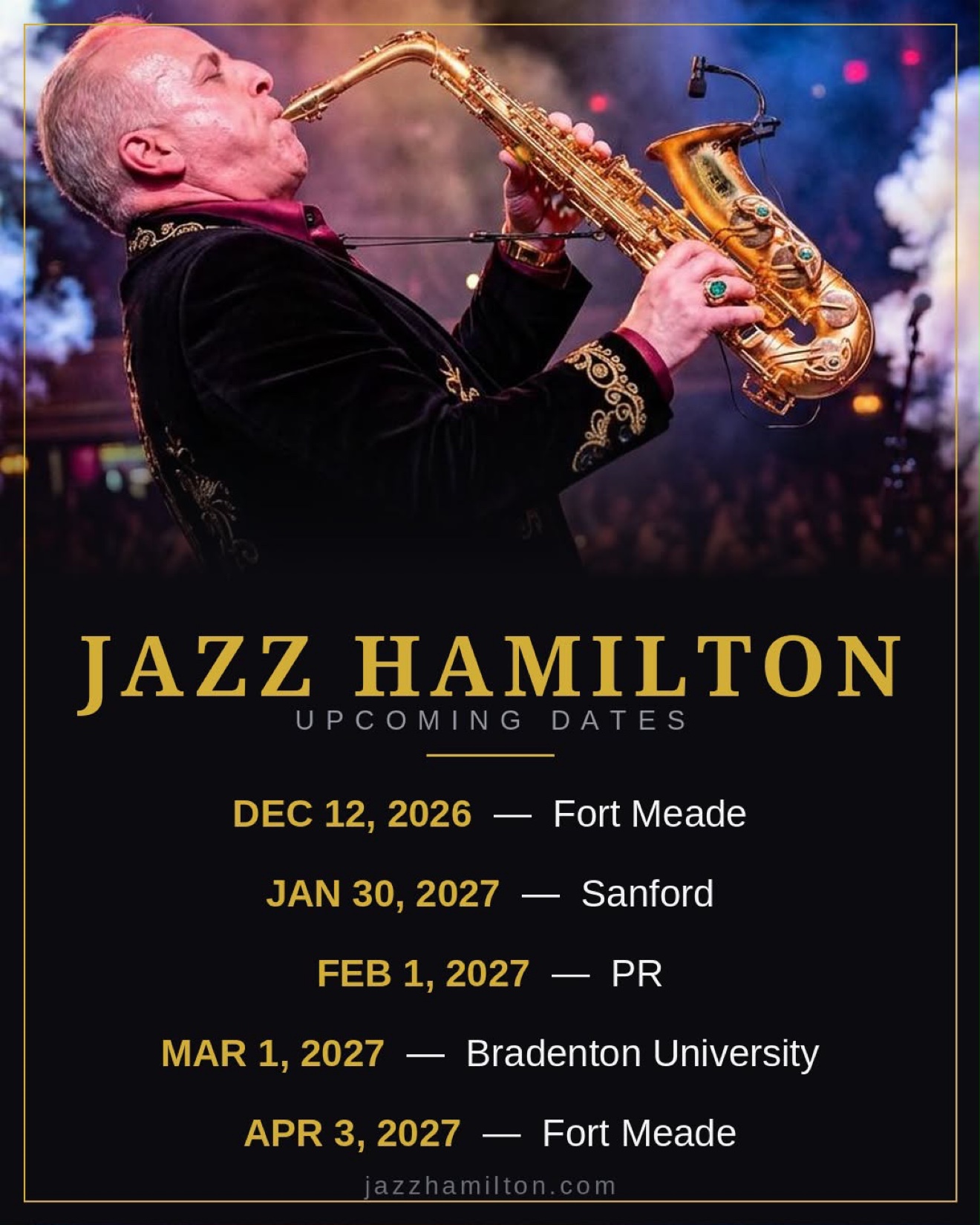 Jazz Hamilton upcoming dates flyer for performances from December 2026 through April 2027